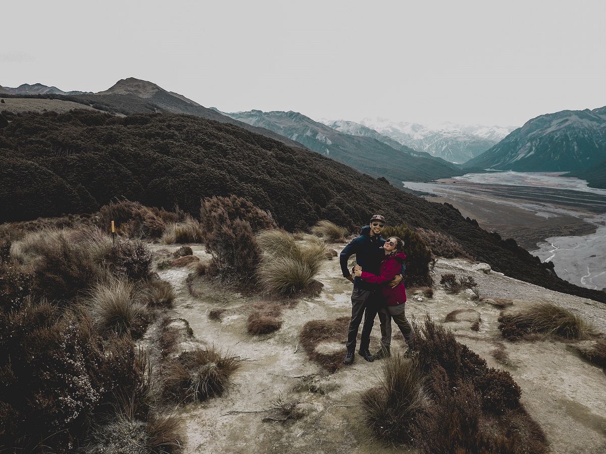 Arthur's Pass engagement - Bealey Spur track proposal moment in a drone shot